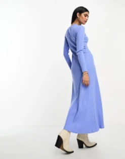 ASOS DESIGN Super Soft Rib Crew Neck Midi Dress With Long Sleeve Blue -RIVER ISLAND || PULL & BEAR || ONLY Sales Store 204909423 4