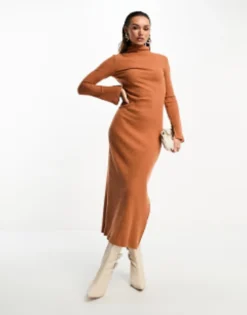ASOS DESIGN Super Soft Grown On Neck Long Sleeve Midi Dress In Rust
