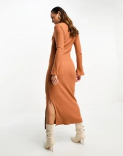 ASOS DESIGN Super Soft Grown On Neck Long Sleeve Midi Dress In Rust -RIVER ISLAND || PULL & BEAR || ONLY Sales Store 204910753 3