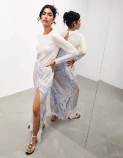 ASOS EDITION Long Sleeve Bias Cut Maxi Dress In Cream And Blue Scenic Print -RIVER ISLAND || PULL & BEAR || ONLY Sales Store 204915311 4