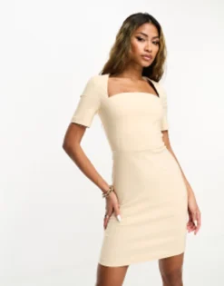 Vesper Square Neck Bodycon Mini Dress In Stone