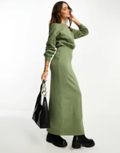 ASOS DESIGN Crew Neck Ribbed Blouson Sleeve Maxi Dress In Khaki -RIVER ISLAND || PULL & BEAR || ONLY Sales Store 204925928 3