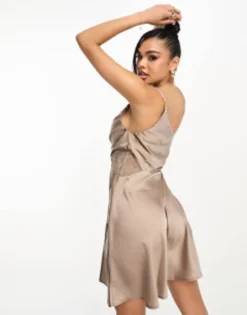 Rare London Satin One Shoulder Lace Insert Mini Dress In Mink -RIVER ISLAND || PULL & BEAR || ONLY Sales Store 204928335 4