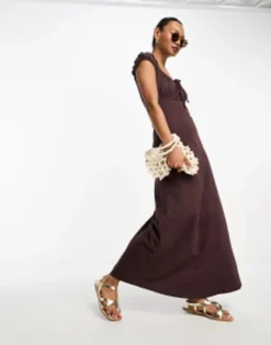 ASOS DESIGN Cap Sleeve Ruched Midi Dress With Tie Detail In Chocolate -RIVER ISLAND || PULL & BEAR || ONLY Sales Store 204932070 4