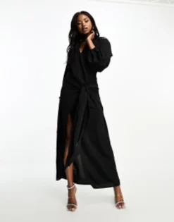 Aria Cove Tie Front Drape Maxi Dress In Black -RIVER ISLAND || PULL & BEAR || ONLY Sales Store 204934724 4