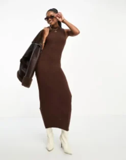 Aria Cove Knitted Sleeveless Boucle Maxi Jumper Dress In Brown
