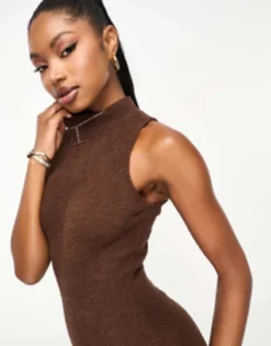Aria Cove Knitted Sleeveless Boucle Maxi Jumper Dress In Brown -RIVER ISLAND || PULL & BEAR || ONLY Sales Store 204934864 3