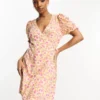Monki Wrap Mini Dress In Yellow Floral Print