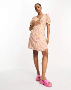 Monki Wrap Mini Dress In Yellow Floral Print -RIVER ISLAND || PULL & BEAR || ONLY Sales Store 204938378 3