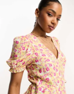 Monki Wrap Mini Dress In Yellow Floral Print -RIVER ISLAND || PULL & BEAR || ONLY Sales Store 204938378 4