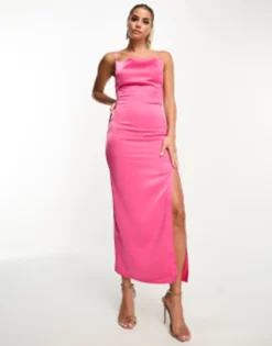In The Style Exclusive Satin Cowl Neck Tie Back Maxi Dress In Raspberry Pink -RIVER ISLAND || PULL & BEAR || ONLY Sales Store 204939095 4