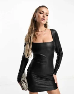 Naked Wardrobe Leather Look Square Neck Mini Dress In Black -RIVER ISLAND || PULL & BEAR || ONLY Sales Store 204945119 3