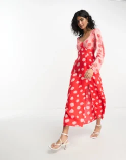 ASOS DESIGN Viscose Sweetheart Neckline Long Sleeve Midi Dress In Mixed Print -RIVER ISLAND || PULL & BEAR || ONLY Sales Store 204948705 3