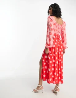 ASOS DESIGN Viscose Sweetheart Neckline Long Sleeve Midi Dress In Mixed Print -RIVER ISLAND || PULL & BEAR || ONLY Sales Store 204948705 4