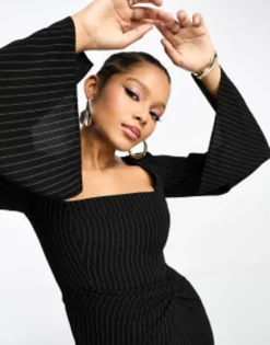 ASOS DESIGN Square Neck Fluted Sleeve Knot Detail Midi Dress In Pinstripe