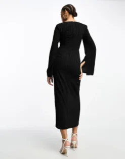 ASOS DESIGN Square Neck Fluted Sleeve Knot Detail Midi Dress In Pinstripe -RIVER ISLAND || PULL & BEAR || ONLY Sales Store 204952358 4