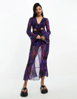 RIVER ISLAND || PULL & BEAR || ONLY Sales Store 29 This Girl I Know Mesh Tie Front Flutter Sleeve Maxi Dress In Purple Floral Print