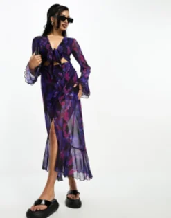 This Girl I Know Mesh Tie Front Flutter Sleeve Maxi Dress In Purple Floral Print -RIVER ISLAND || PULL & BEAR || ONLY Sales Store 204955004 4
