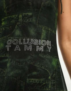 COLLUSION X TAMMY Mesh Denim Printed Cami Dress With Hot Fix Branding In Green -RIVER ISLAND || PULL & BEAR || ONLY Sales Store 204959174 4