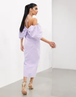 ASOS EDITION Bardot Bow Tie Neck Detail Midi Dress In Lilac -RIVER ISLAND || PULL & BEAR || ONLY Sales Store 204964702 4