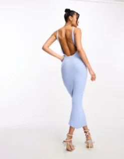 Missyempire Fine Knit Open Back Midi Dress In Blue
