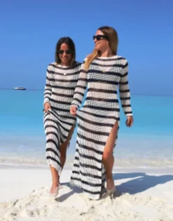 Labelrail X Collyer Twins Striped Knitted Column Dress In White And Navy