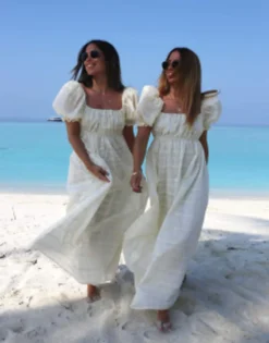 Labelrail X Collyer Twins Square Neck Puff Sleeve Lace Maxi Dress In Cream