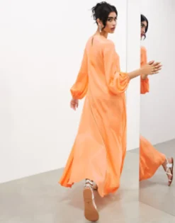 ASOS EDITION Satin Long Sleeve Maxi Smock Dress In Orange -RIVER ISLAND || PULL & BEAR || ONLY Sales Store 204982610 3