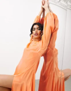 ASOS EDITION Satin Long Sleeve Maxi Smock Dress In Orange -RIVER ISLAND || PULL & BEAR || ONLY Sales Store 204982610 4
