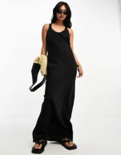 River Island Satin Maxi Dress In Black