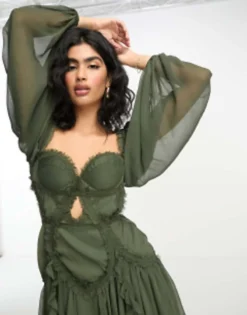 ASOS DESIGN Long Sleeve Shirred Corset Mini Dress With Cut Out In Dark Green -RIVER ISLAND || PULL & BEAR || ONLY Sales Store 204990902 3