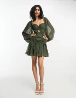 ASOS DESIGN Long Sleeve Shirred Corset Mini Dress With Cut Out In Dark Green -RIVER ISLAND || PULL & BEAR || ONLY Sales Store 204990902 4