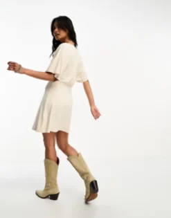 ASOS DESIGN Flutter Sleeve Mini Tea Dress With Buttons In Stone -RIVER ISLAND || PULL & BEAR || ONLY Sales Store 204993624 3