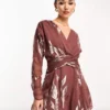 ASOS DESIGN Wrap Bodice Mini Tea Dress In Mocha Metallic Jacquard