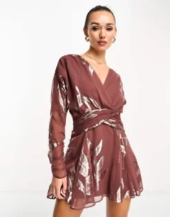 ASOS DESIGN Wrap Bodice Mini Tea Dress In Mocha Metallic Jacquard