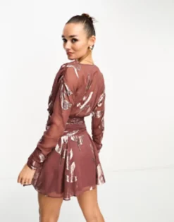 ASOS DESIGN Wrap Bodice Mini Tea Dress In Mocha Metallic Jacquard -RIVER ISLAND || PULL & BEAR || ONLY Sales Store 204995396 3