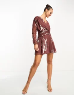 ASOS DESIGN Wrap Bodice Mini Tea Dress In Mocha Metallic Jacquard -RIVER ISLAND || PULL & BEAR || ONLY Sales Store 204995396 4