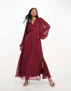 ASOS DESIGN Pleated Dobby Chiffon Wrap Button Detail Maxi Dress In Black -RIVER ISLAND || PULL & BEAR || ONLY Sales Store 205000610 1 burgundy