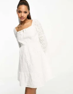 Pimkie Broderie Square Neck Skater Dress In White
