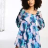 Glamorous Puff Sleeve Mini Smock Dress With Bow Back In Blue Floral Organza