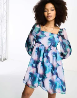 Glamorous Puff Sleeve Mini Smock Dress With Bow Back In Blue Floral Organza