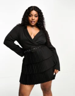 In The Style Plus Exclusive Pleated Wrap Mini Blazer Dress In Black