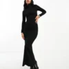 ASOS DESIGN Ribbed Roll Neck Long Sleeve Midi Dress In Black