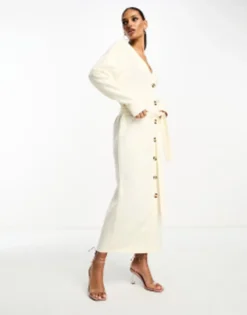 ASOS DESIGN Super Soft Button Through Maxi Cardigan Belted Dress In Winter White