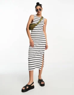 PULL & BEAR Pull&Bear Ribbed Midi Dress In Black & White Stripe