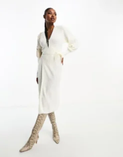 In The Style Exclusive Knitted Wrap Midi Jumper Dress In Cream