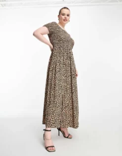 Yours Shirred Bardot Maxi Dress In Animal Print