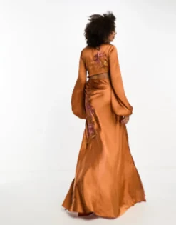ASOS DESIGN Long Sleeve Cut Out Bias Maxi Dress With Floral Embroidery In Rust -RIVER ISLAND || PULL & BEAR || ONLY Sales Store 205072886 3