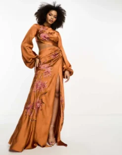 ASOS DESIGN Long Sleeve Cut Out Bias Maxi Dress With Floral Embroidery In Rust -RIVER ISLAND || PULL & BEAR || ONLY Sales Store 205072886 4