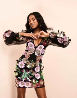 ASOS LUXE V-neck Sheer Mini Dress With Placement Embellished Flowers In Black Floral